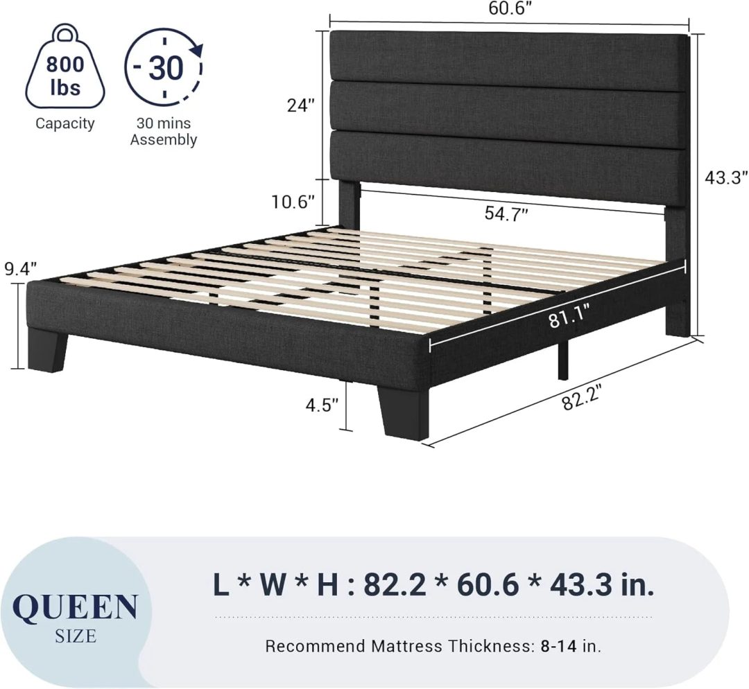 ZenVora Queen Size Upholstered Platform Bed Frame, Dark Gray Fabric Bed with Headboard for Bedroom