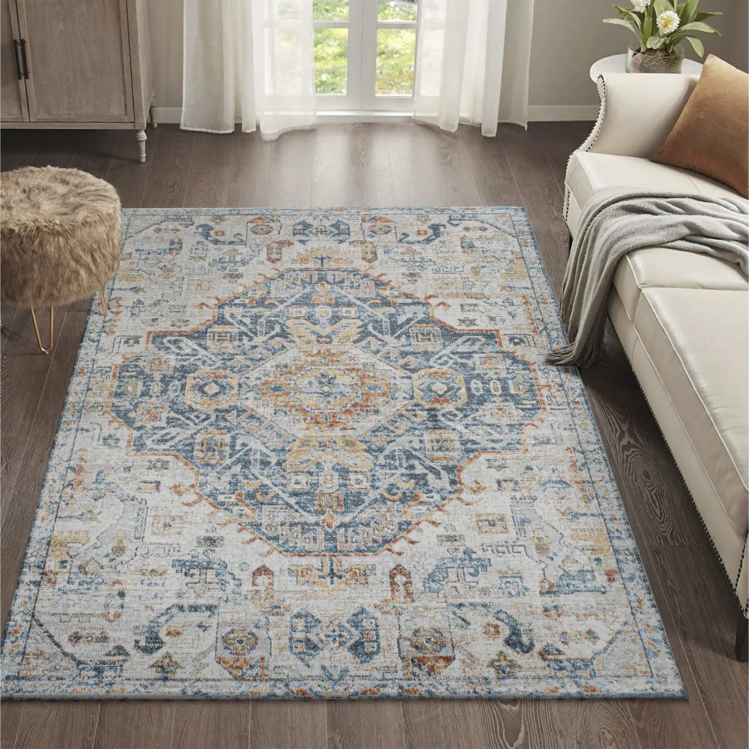 ZenVora Bohemian Medallion Low-Pile Machine-Washable Area Rug, Cream and Terra