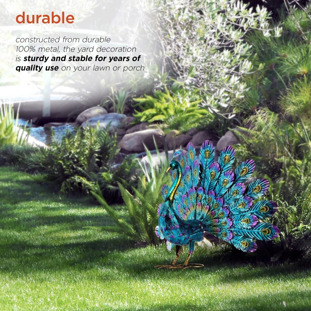 ZenVora Tall Metallic Peacock Garden Statue, Multicolor Outdoor Standing Bird Sculpture for Yard, Patio and Garden Decoration
