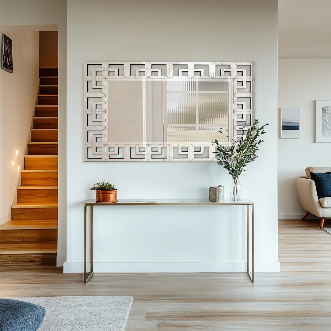ZenVora Large Silver Geometric Wall Mirror, Modern Decorative Accent Mirror for Living Room, Bedroom and Entryway