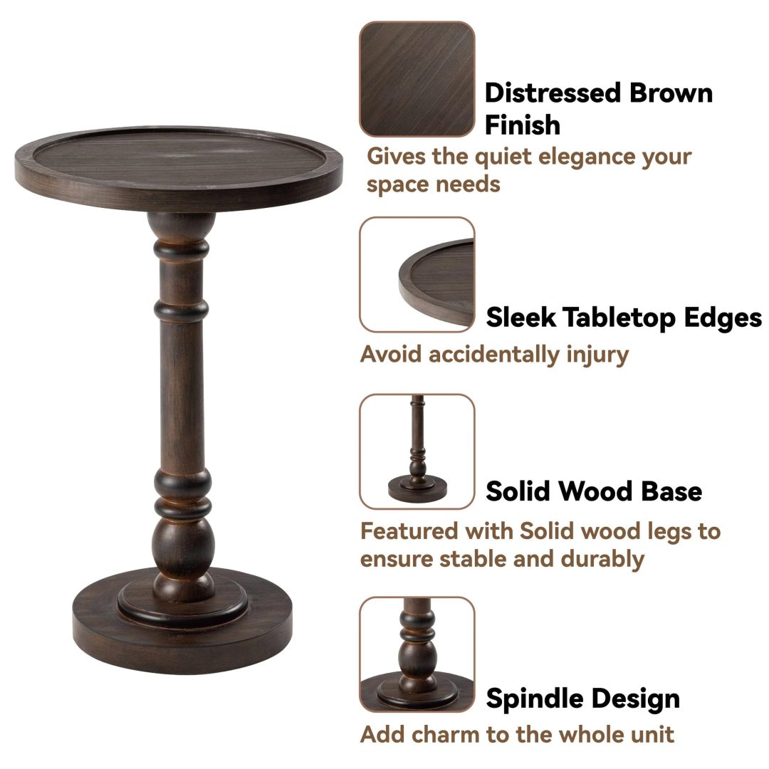 ZenVora Small Pedestal End Table with Tray Top, Farmhouse Distressed Finish Accent Table