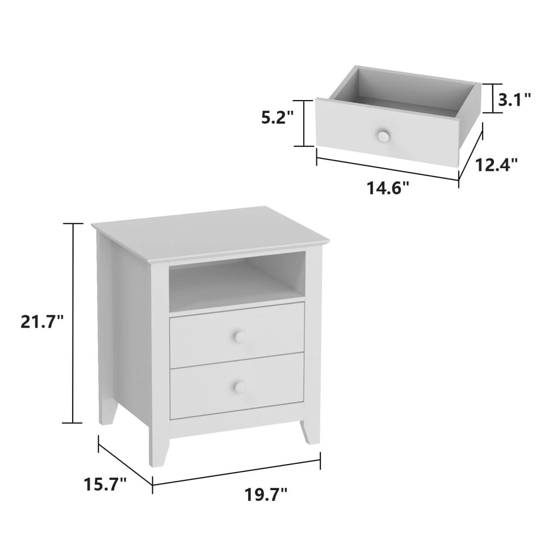 ZenVora 21.7 Inch Tall White Nightstand, 2 Drawers and 1 Open Shelf Bedside End Table