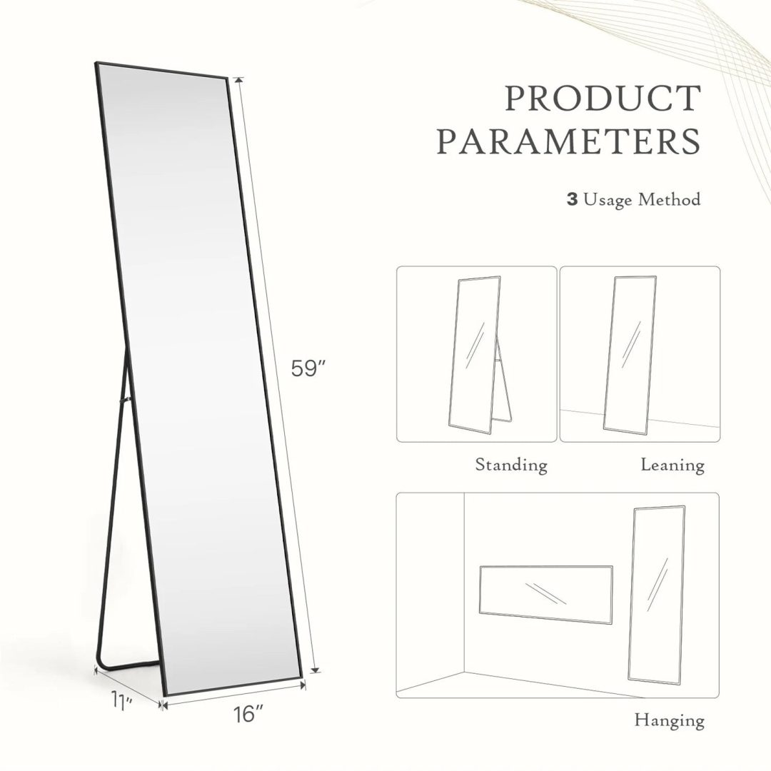 ZenVora Full Length Mirror with Stand, Aluminum Alloy Frame Full Body Floor Mirror for Bedroom and Cloakroom