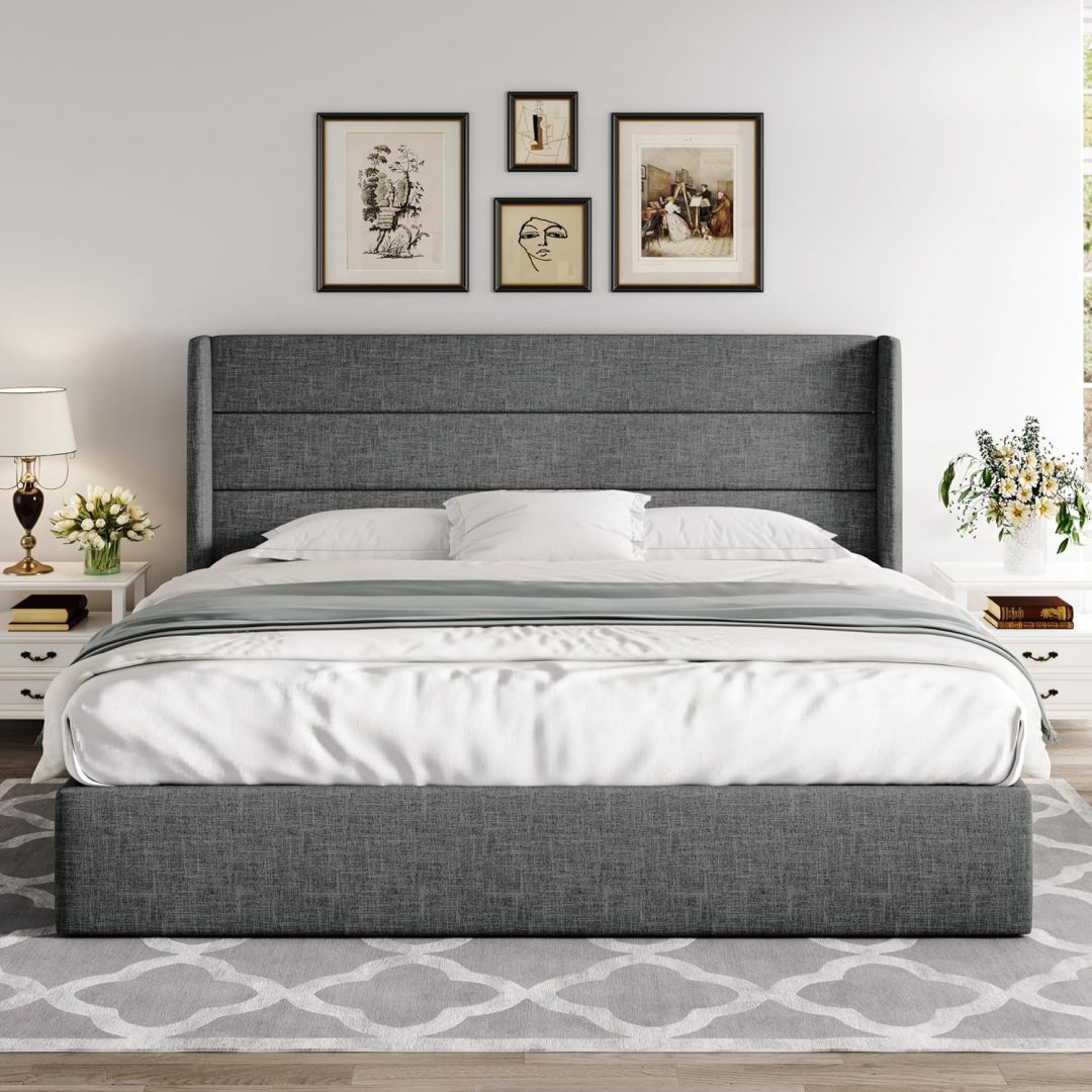 ZenVora Queen Size Lift Up Storage Bed with Wingback Headboard, Upholstered Platform Bed Frame with Hidden Storage