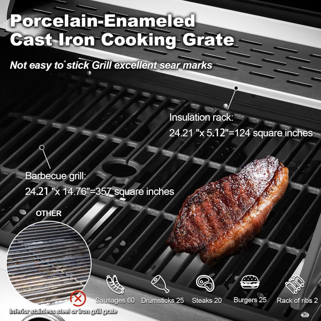 ZenVora 4-Burner Propane Gas Grill with Cast Iron Grates, Side Stove and 44,000 BTU Stainless Steel Burners