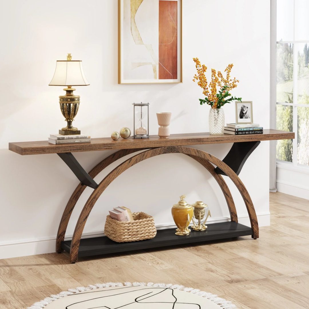 ZenVora Gray 2-Tier Slim Console Sofa Table, Semi-Circular Metal Frame for Hallway