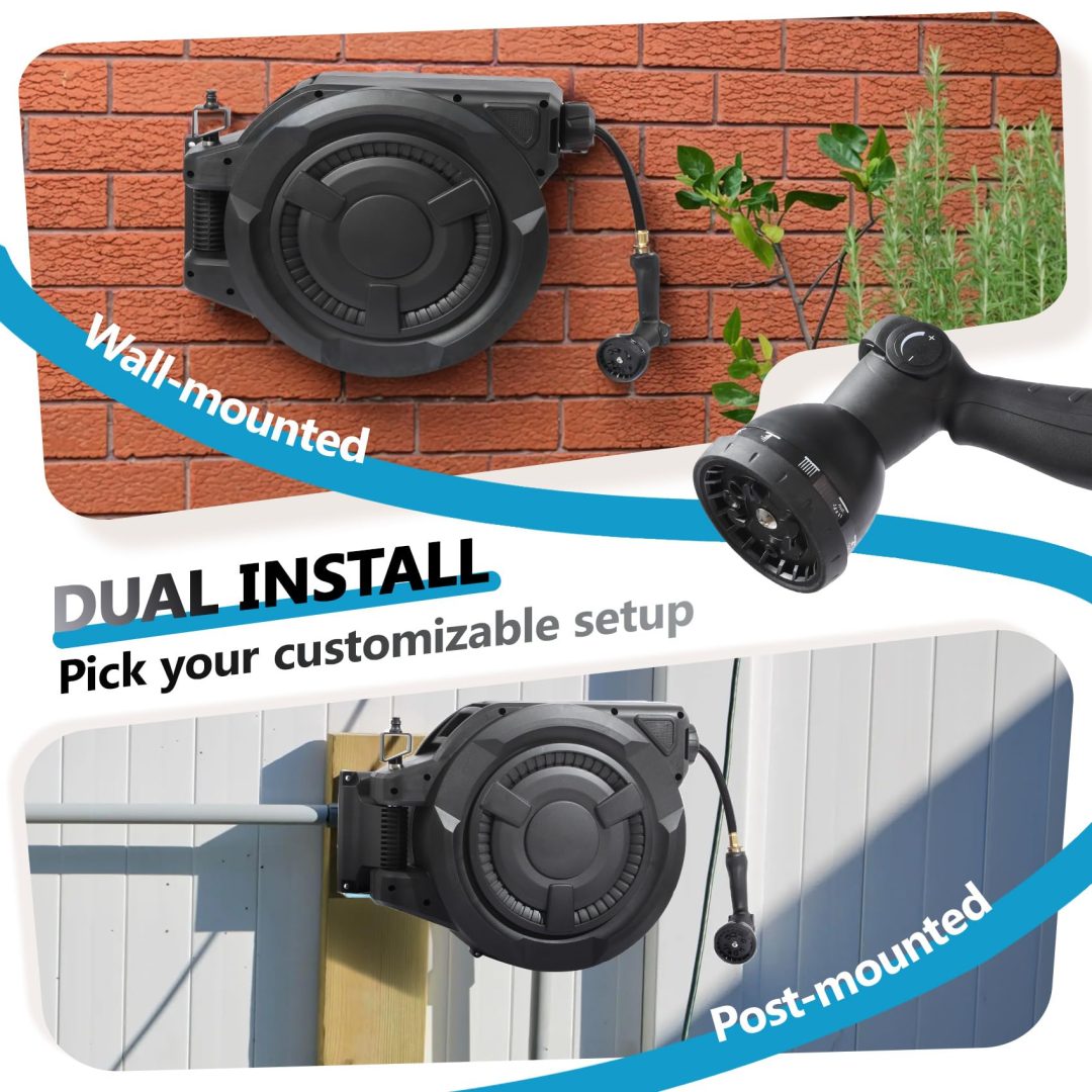 ZenVora 100 ft Wall Mounted Garden Hose Reel, 1/2 Inch Hose with 180° Swivel
