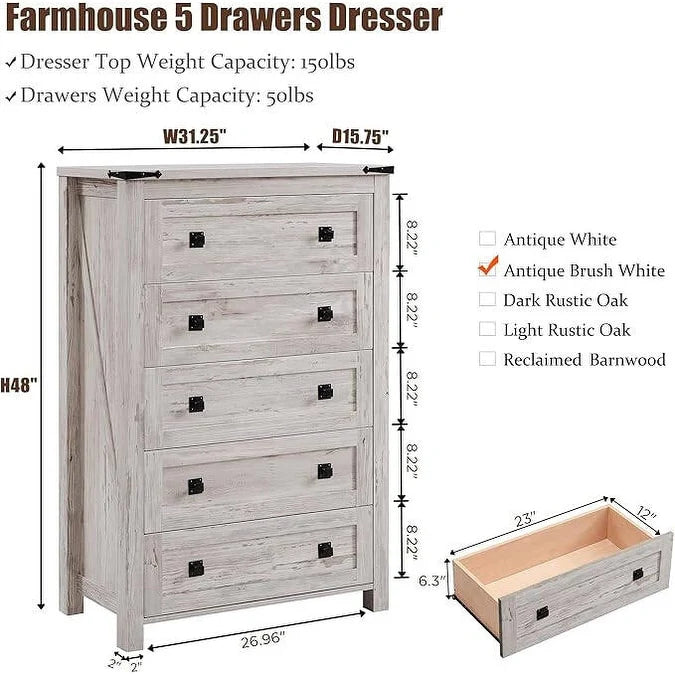 ZenVora 48 Inch Tall Farmhouse Wood Dresser, 5 Drawer Chest of Drawers for Bedroom