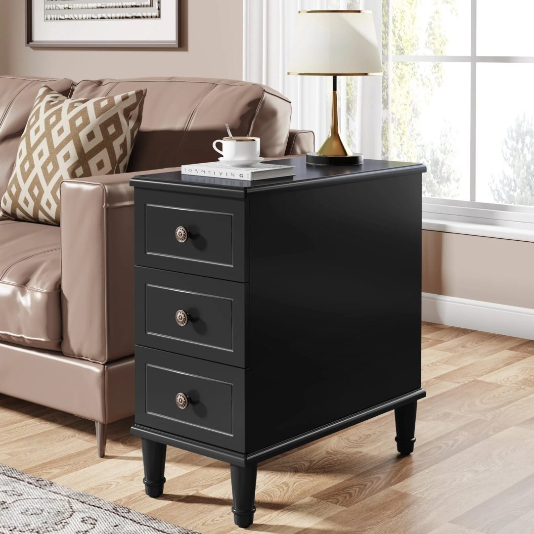 ZenVora Fully Assembled Narrow End Table, Solid Wood Side Table with 3 Drawers, Vintage Nightstand for Small Spaces