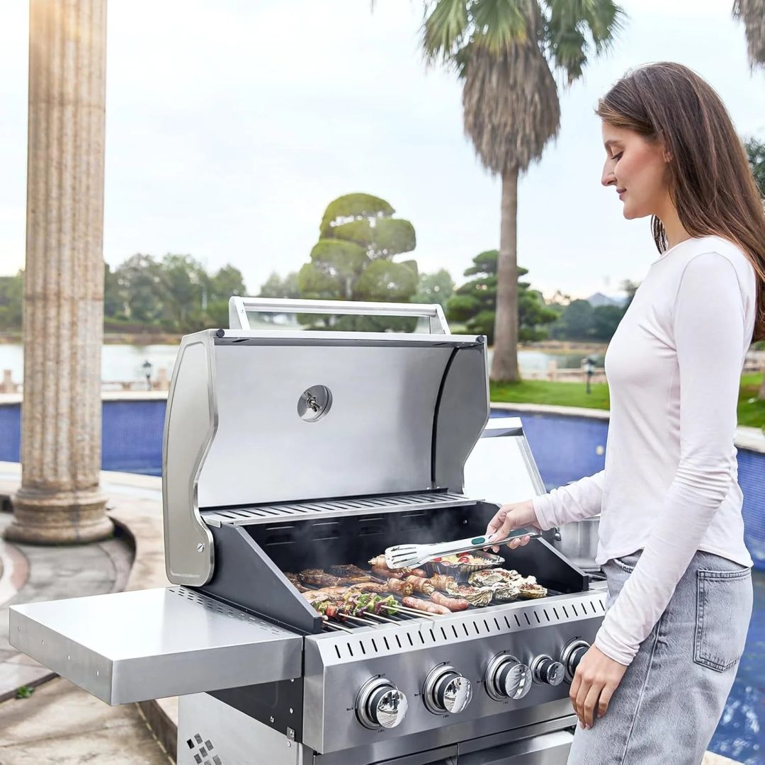ZenVora 4-Burner Propane Gas Grill with Cast Iron Grates, Side Stove and 44,000 BTU Stainless Steel Burners