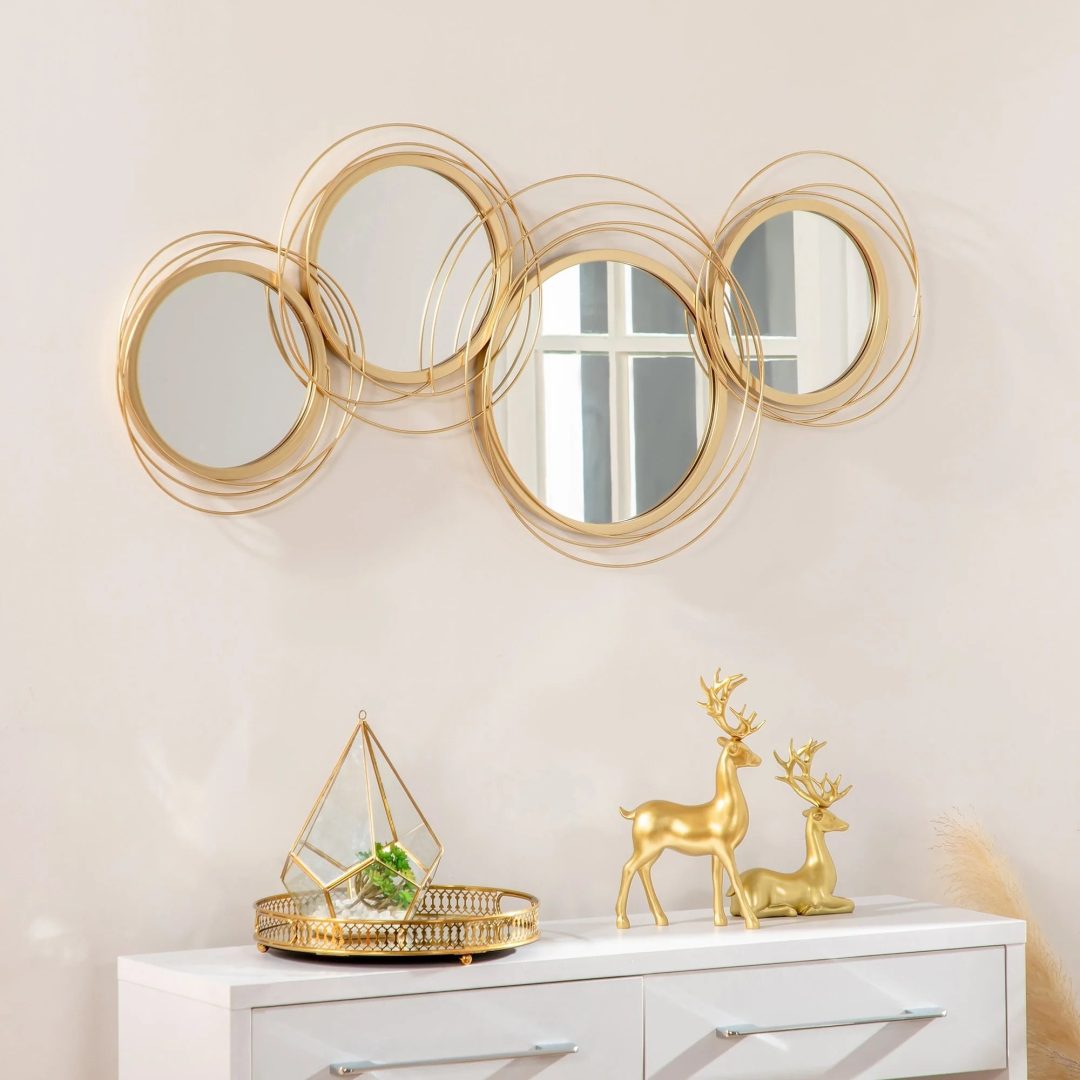 ZenVora Modern Gold Metal Wall Art with Mirror, Decorative Hanging Wall Sculpture for Living Room, Bedroom and Dining Room