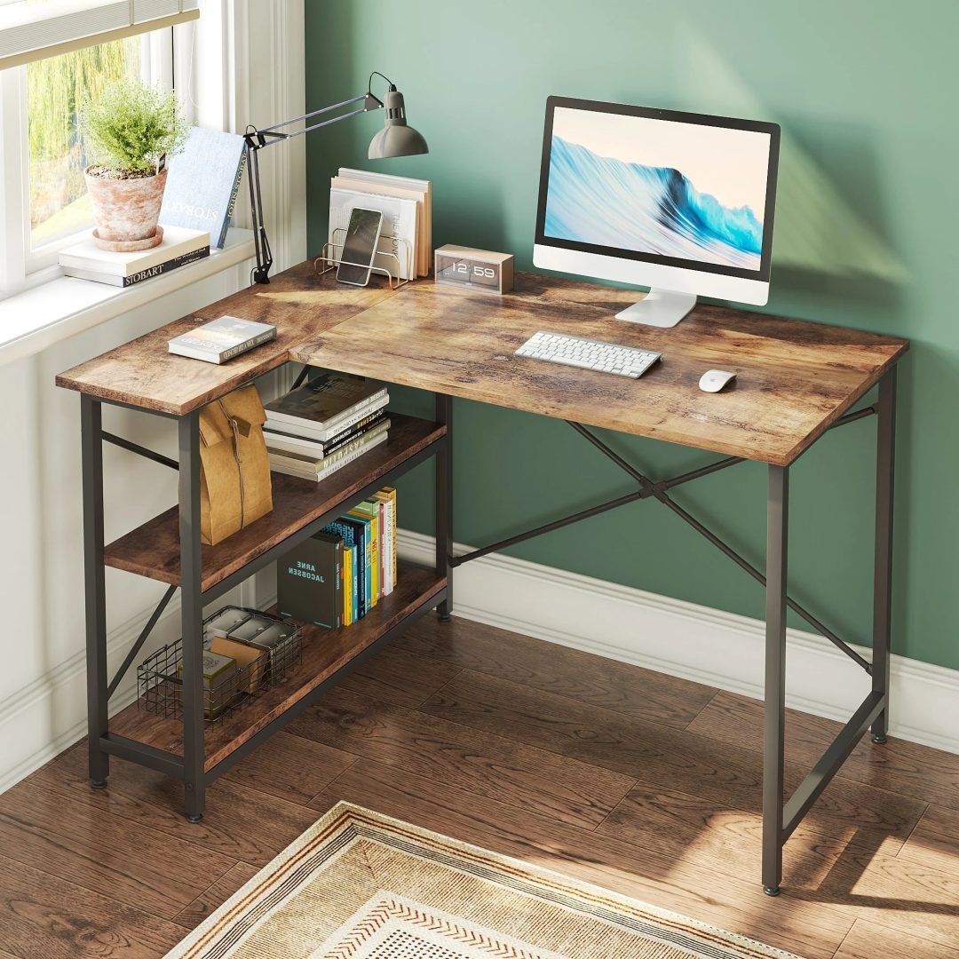 ZenVora Small L Shaped Computer Desk with Storage Shelves, Compact Corner Workstation for Home Office and Study