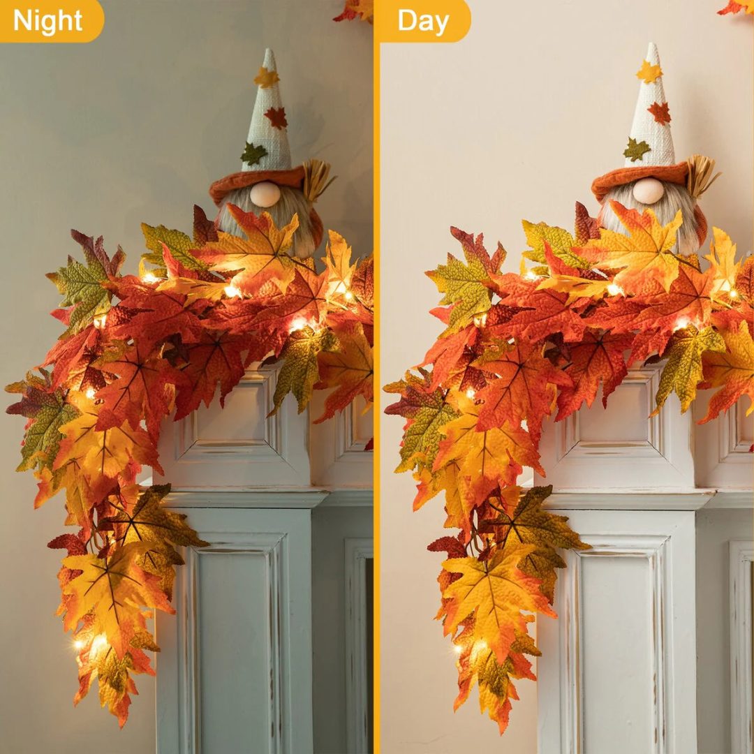 ZenVora Thanksgiving LED Lighted Fall Maple Leaf Wreath and Garland - Autumn Home Decor