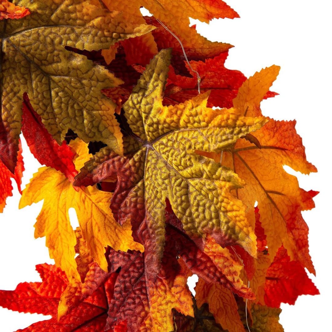 ZenVora Thanksgiving LED Lighted Fall Maple Leaf Wreath and Garland - Autumn Home Decor