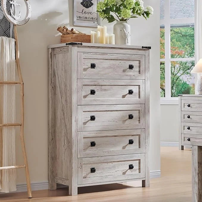 ZenVora 48 Inch Tall Farmhouse Wood Dresser, 5 Drawer Chest of Drawers for Bedroom