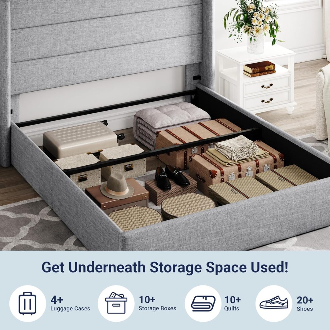 ZenVora Queen Size Lift Up Storage Bed with Wingback Headboard, Upholstered Platform Bed Frame with Hidden Storage