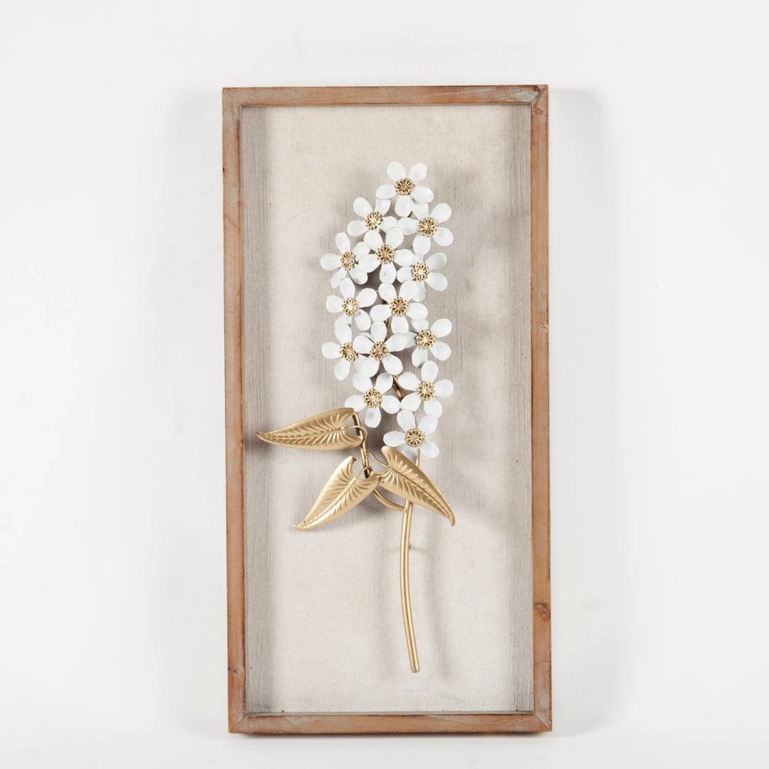 ZenVora Set of 2 White and Gold Metal Flower Wall Decor with Wood Frames, Decorative Floral Wall Art