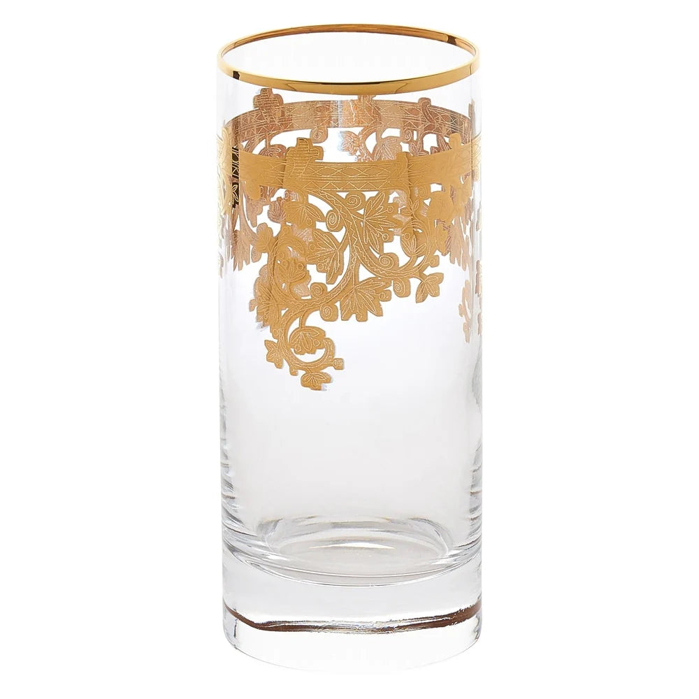 ZenVora Set of 4 24K Gold Embellished Crystal Highball Tumblers, Made in Italy