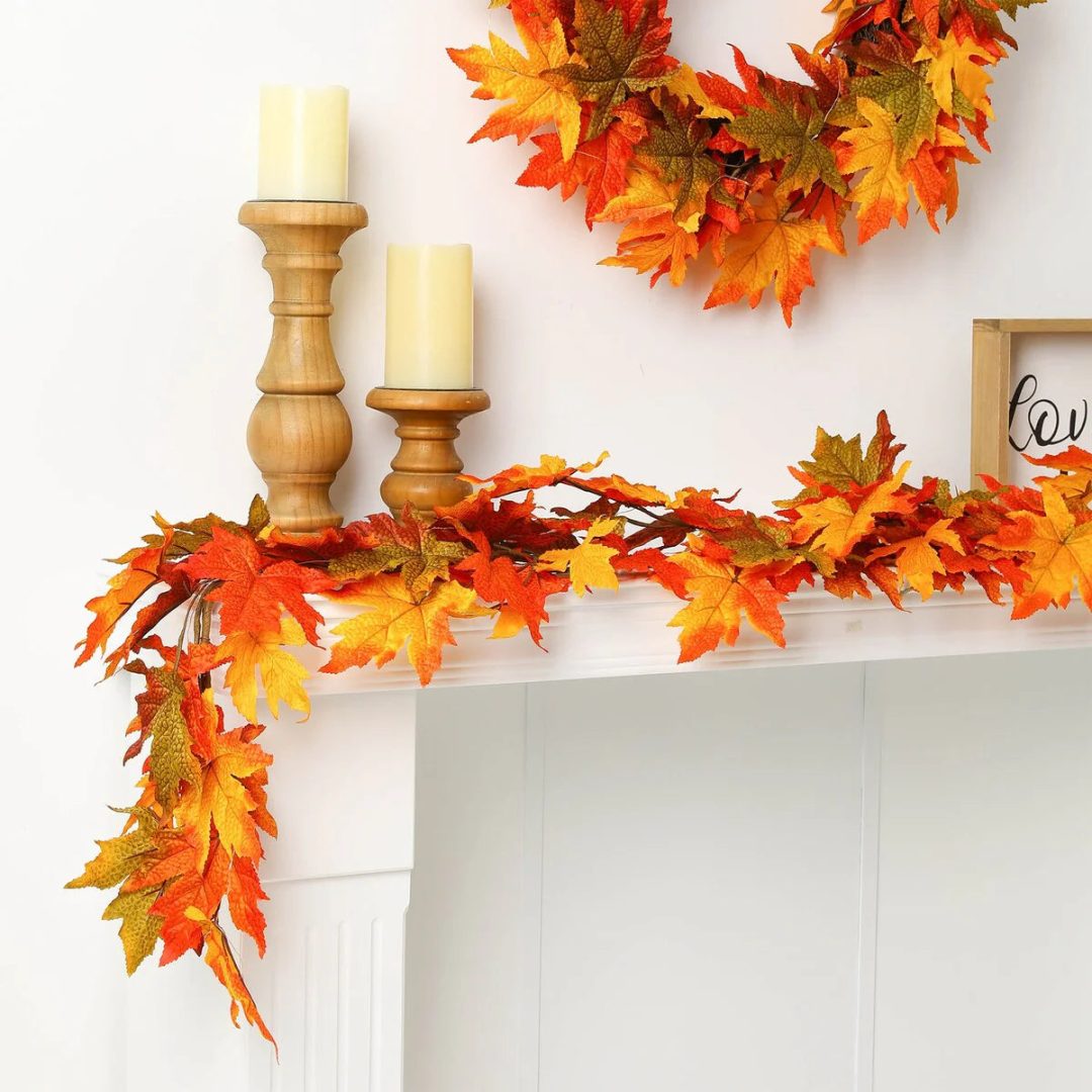 ZenVora Thanksgiving LED Lighted Fall Maple Leaf Wreath and Garland - Autumn Home Decor