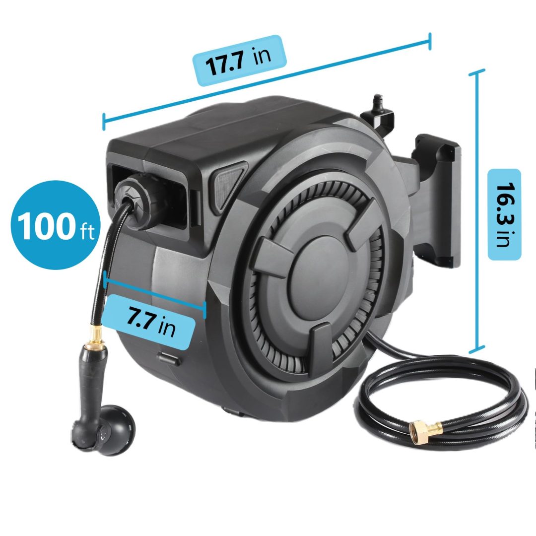 ZenVora 100 ft Wall Mounted Garden Hose Reel, 1/2 Inch Hose with 180° Swivel