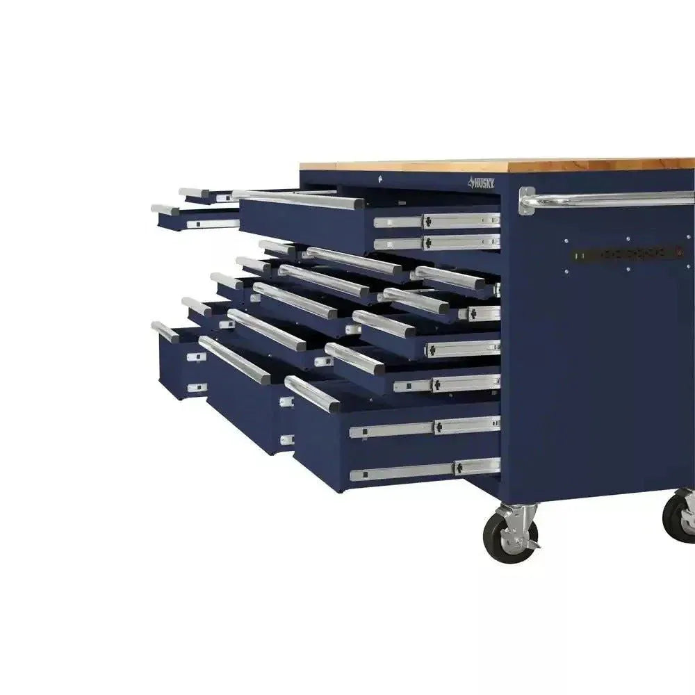 ZenVora 72-Inch 18-Drawer Mobile Workbench with Solid Wood Top, Gloss Blue