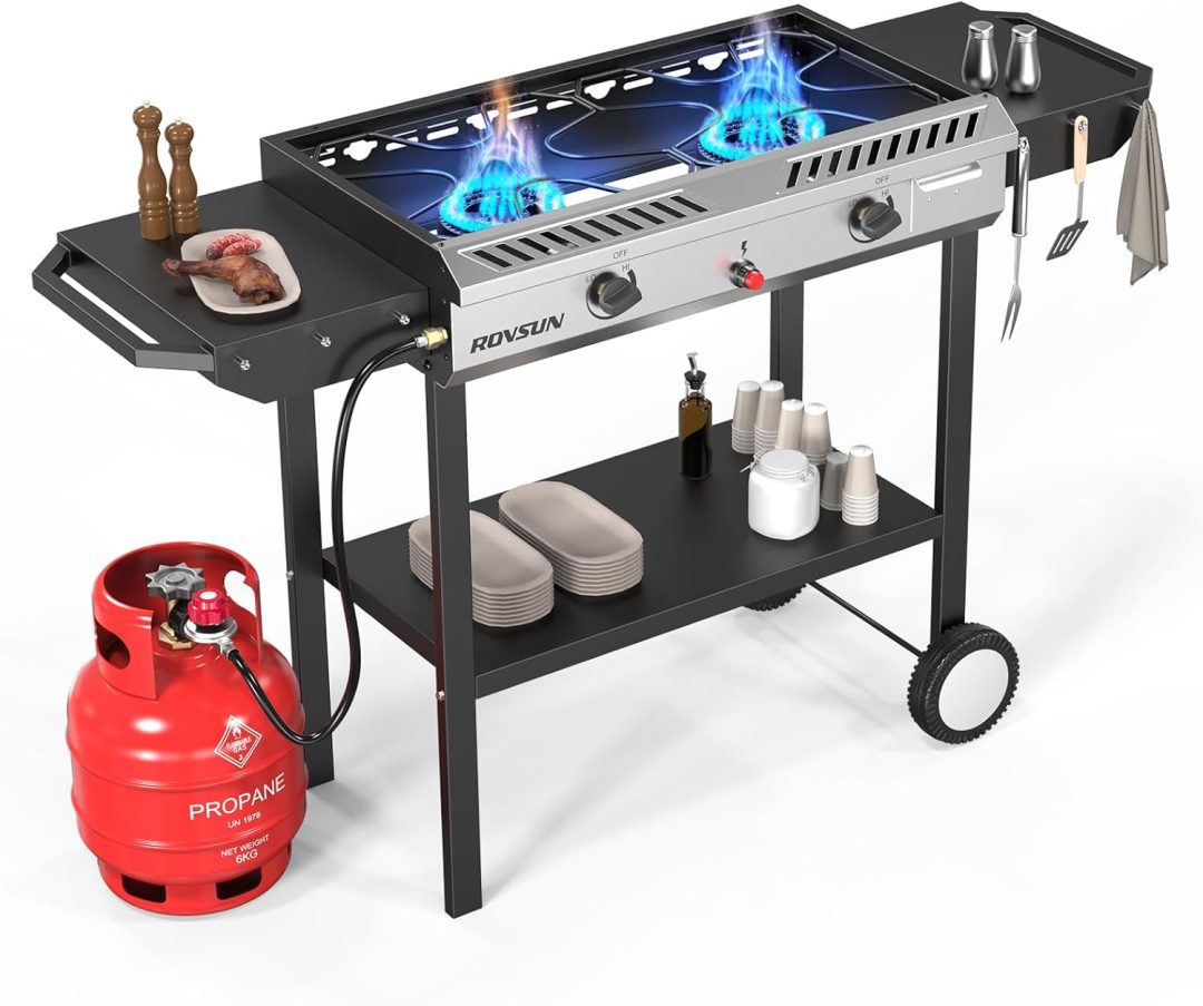 ZenVora 2-Burner Outdoor Propane Gas Stove with Griddle, Auto-Ignition, Regulator and Side Shelves, 150,000 BTU
