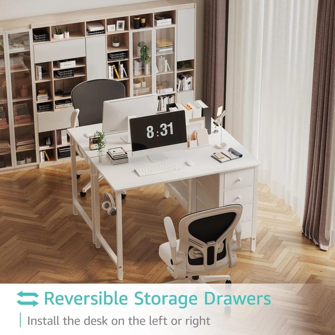 ZenVora 40 Inch Small White Desk with Fabric Drawers, Compact Computer Writing Desk for Home Office, Bedroom and Study