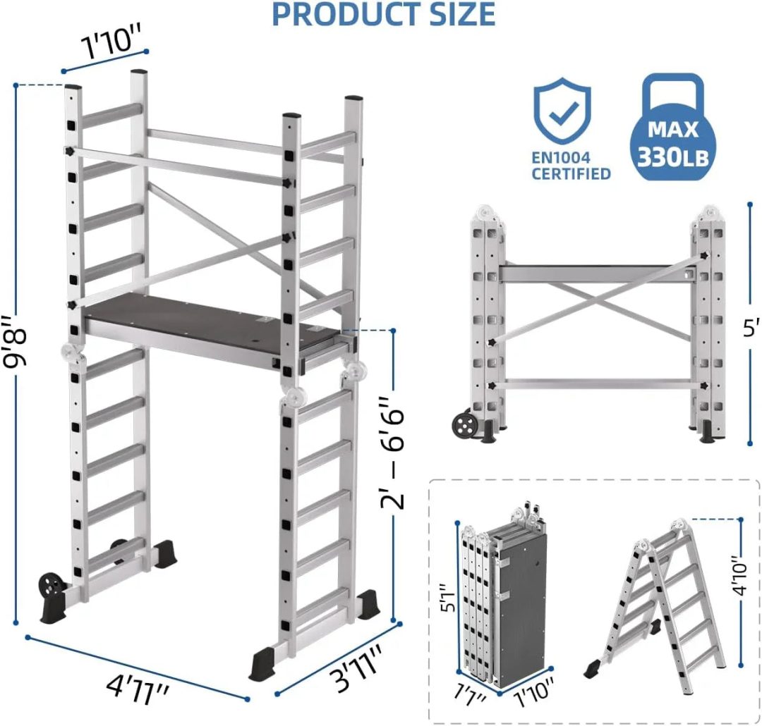 ZenVora Foldable Multipurpose Scaffolding Ladder and Rolling Work Platform, Adjustable, 330-Lb. Capacity