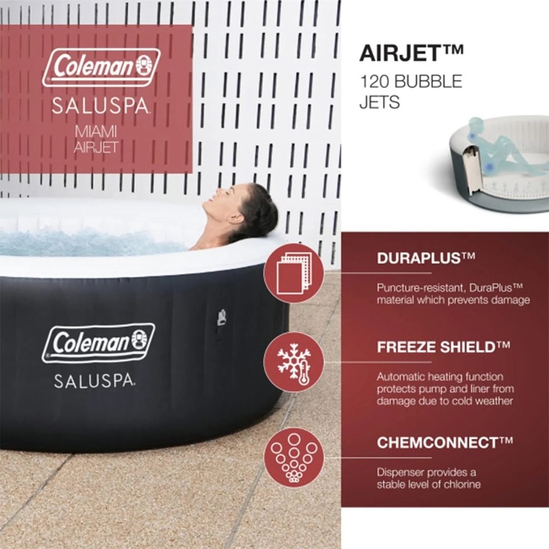 ZenVora 2-4 Person Inflatable Hot Tub, Portable Round Outdoor Spa with 120 Soothing Air Jets and Insulated Cover, Black
