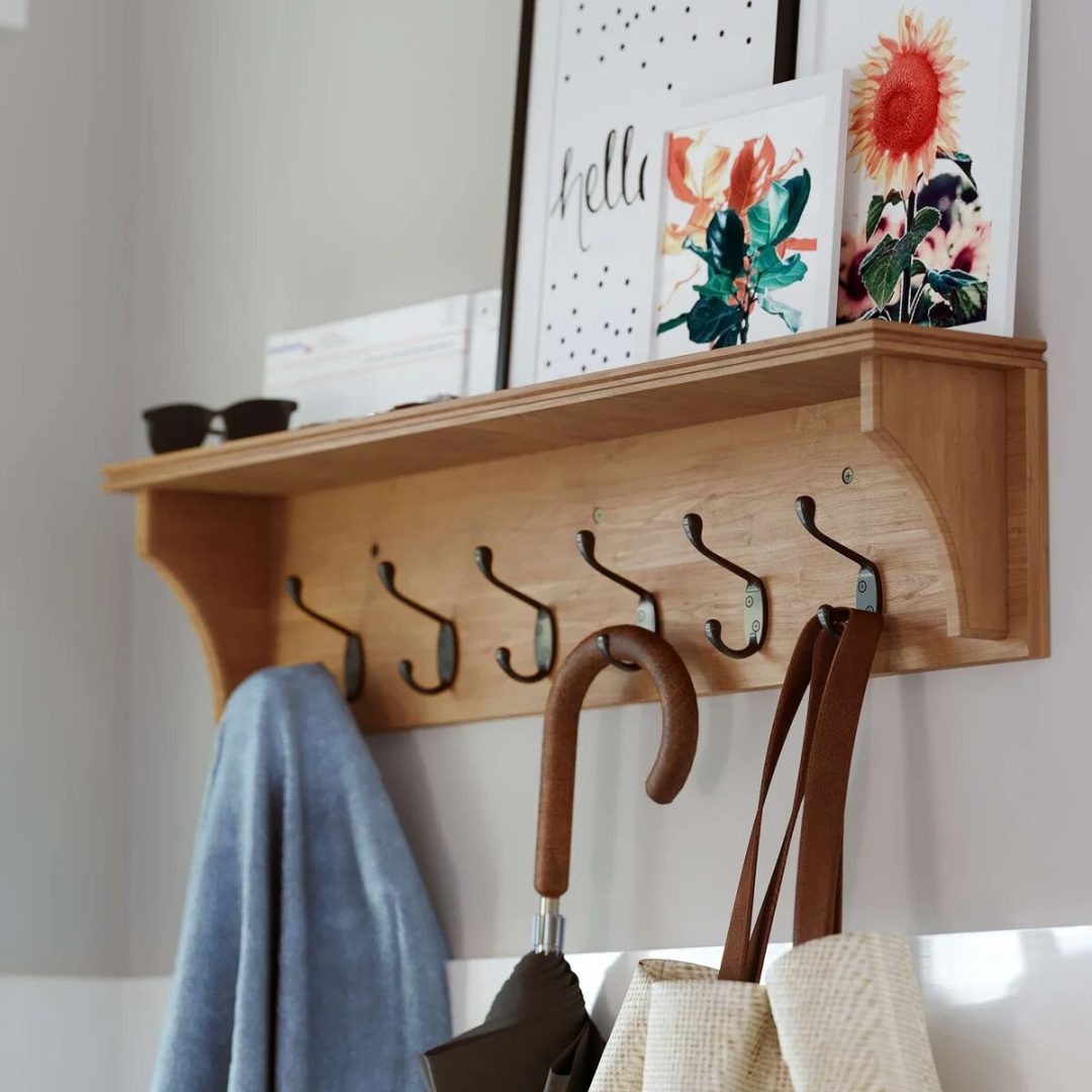 ZenVora Wood Wall Key Holder with Shelf, Decorative Entryway Mail Organizer with Large Coat Hooks and Storage Rack