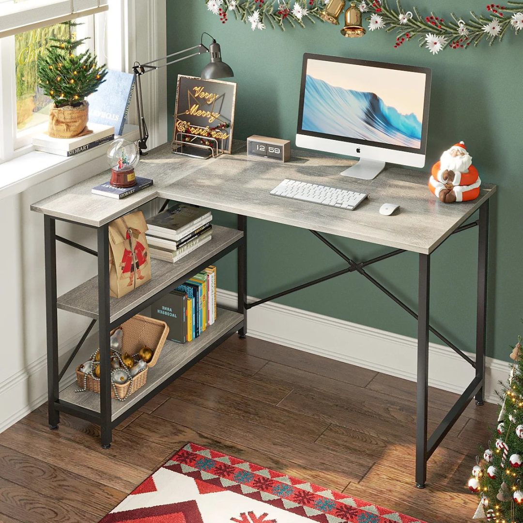 ZenVora Small L Shaped Computer Desk with Storage Shelves, Compact Corner Workstation for Home Office and Study