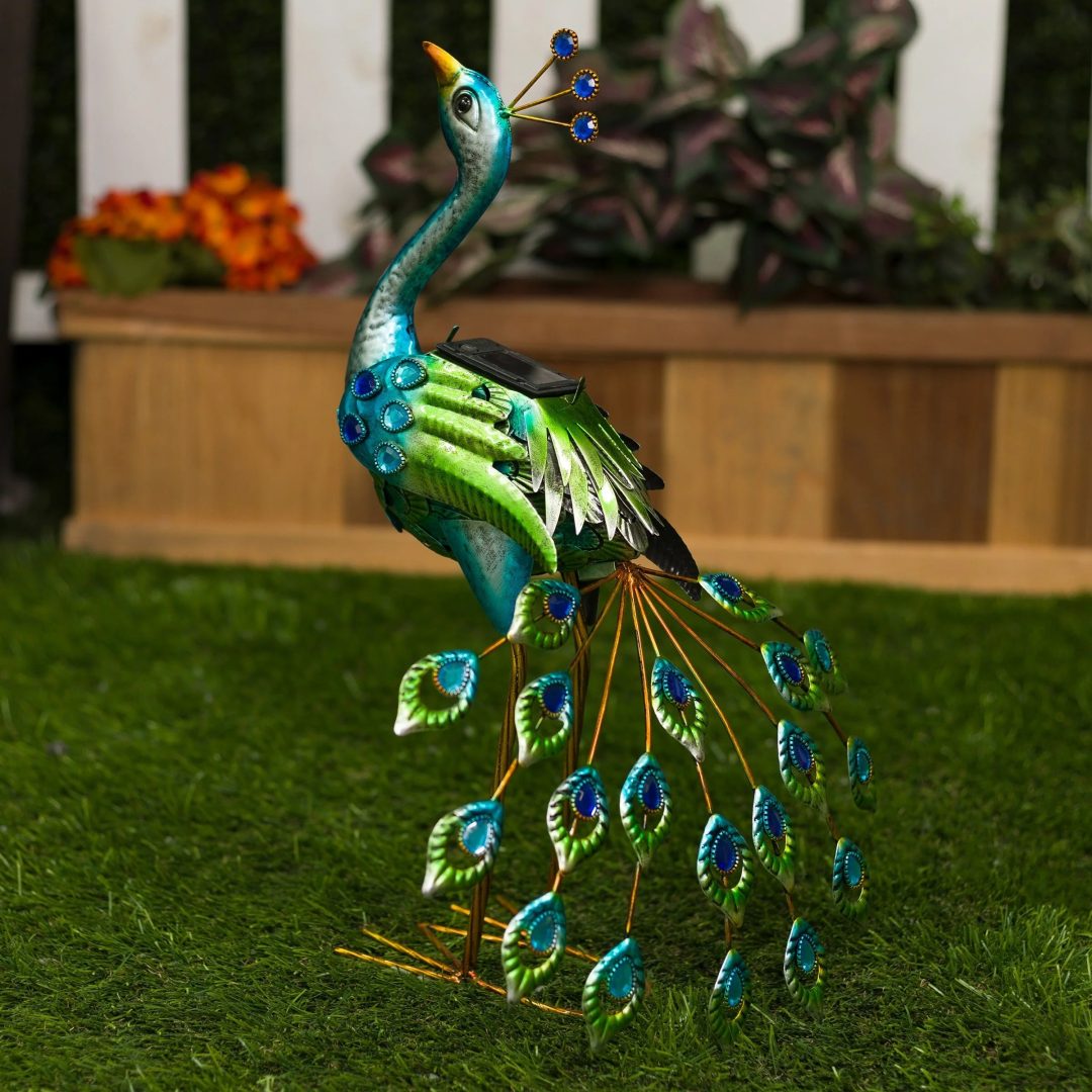 ZenVora Tall Metallic Peacock Garden Statue, Multicolor Outdoor Standing Bird Sculpture for Yard, Patio and Garden Decoration