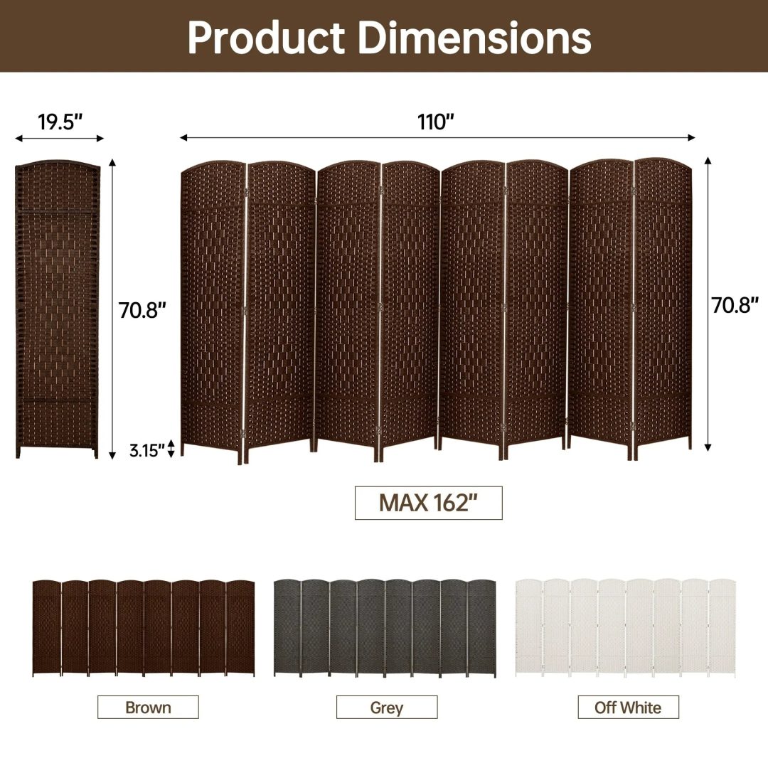 ZenVora 6 FT Tall Woven Fiber Room Divider, Freestanding Folding Privacy Screen