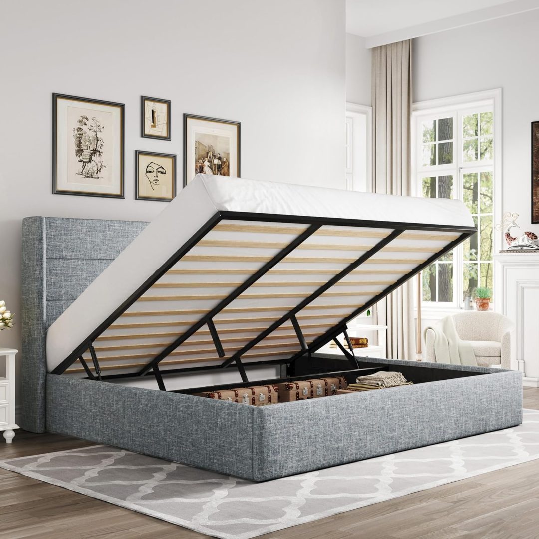 ZenVora Queen Size Lift Up Storage Bed with Wingback Headboard, Upholstered Platform Bed Frame with Hidden Storage