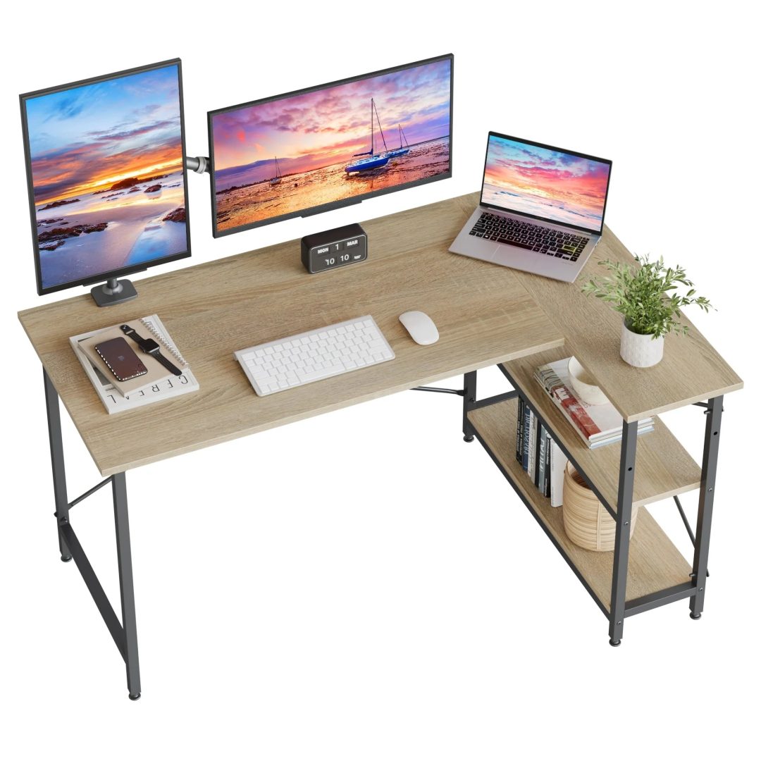 ZenVora Small L Shaped Computer Desk with Storage Shelves, Compact Corner Workstation for Home Office and Study