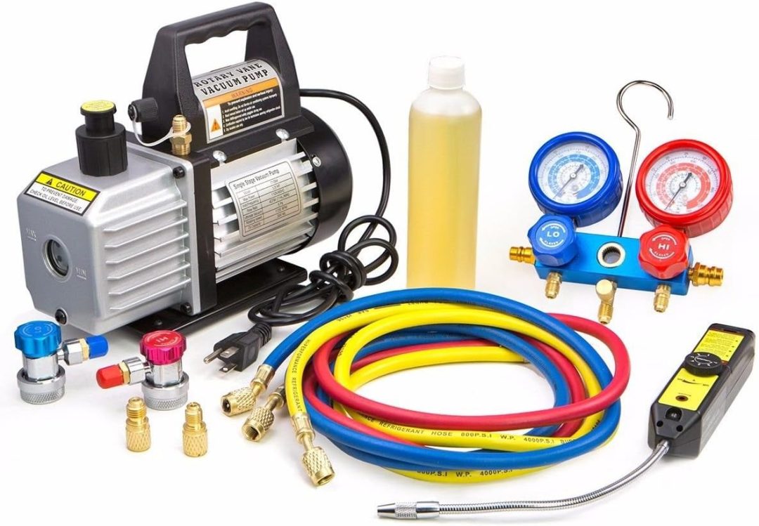 ZenVora 4 CFM HVAC A/C Refrigeration Vacuum Pump and Manifold Gauge Kit with R134a Tap, Leak Detector and Carrying Bag