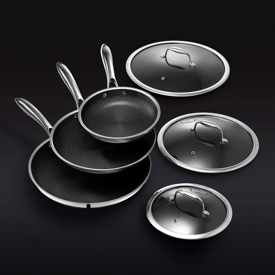 ZenVora 6-Piece Hybrid Stainless Steel Pan Set with Glass Lids, 8-Inch, 10-Inch and 12-Inch, Black