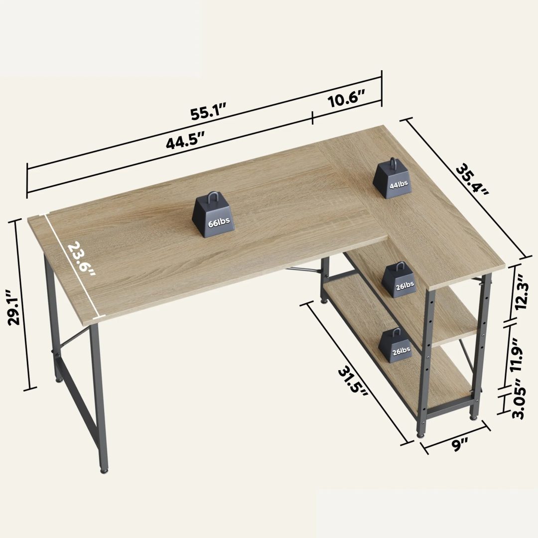 ZenVora Small L Shaped Computer Desk with Storage Shelves, Compact Corner Workstation for Home Office and Study