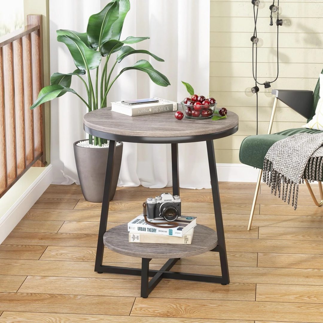 ZenVora Industrial Round End Table, Small Side Table and Accent Coffee Table for Living Room and Bedroom