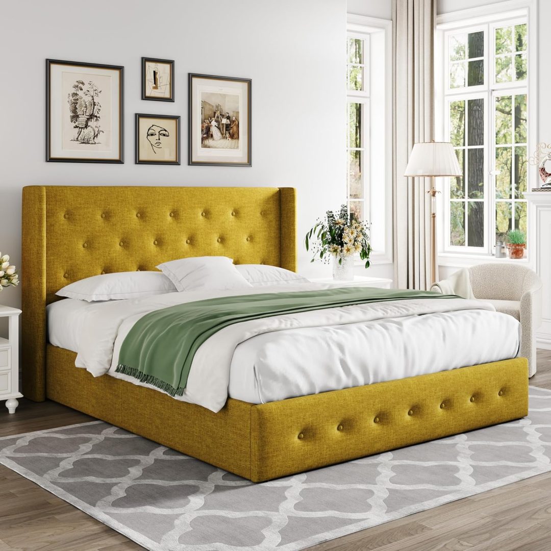 ZenVora Queen Size Lift Up Storage Bed with Wingback Headboard, Upholstered Platform Bed Frame with Hidden Storage