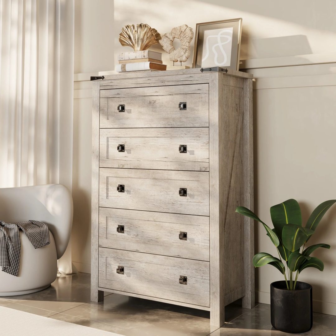 ZenVora 48 Inch Tall Farmhouse Wood Dresser, 5 Drawer Chest of Drawers for Bedroom