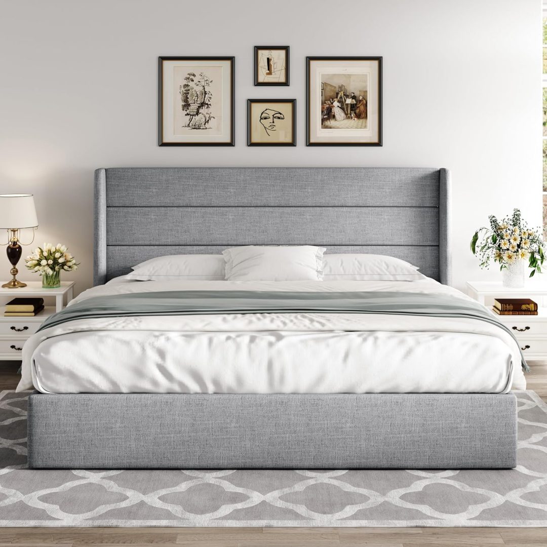ZenVora Queen Size Lift Up Storage Bed with Wingback Headboard, Upholstered Platform Bed Frame with Hidden Storage