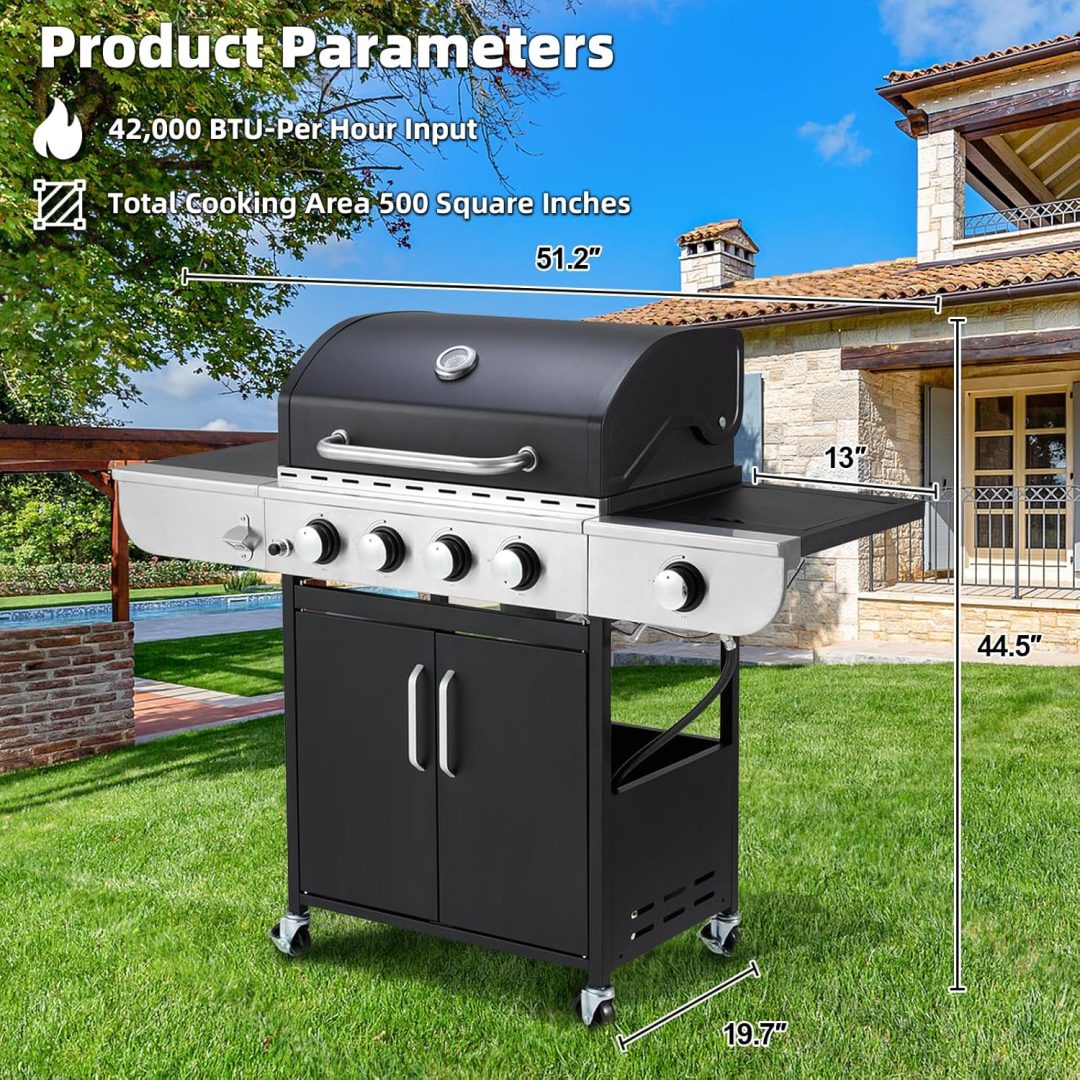 ZenVora 4-Burner Propane Gas Grill with Cast Iron Grates, Side Stove and 44,000 BTU Stainless Steel Burners