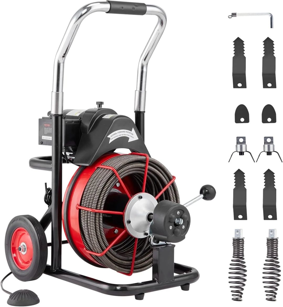 ZenVora 550W Drain Cleaning Machine, 100-Ft. x 1/2-Inch Sewer Snake Auger with 8 Cutters, Wheels and Foot Switch, for 2-4-Inch Pipes