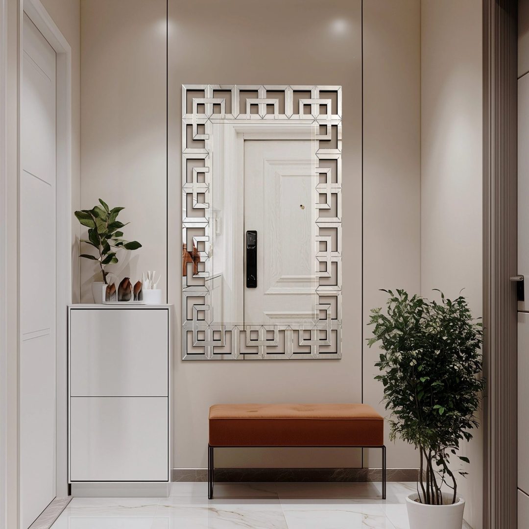 ZenVora Large Silver Geometric Wall Mirror, Modern Decorative Accent Mirror for Living Room, Bedroom and Entryway