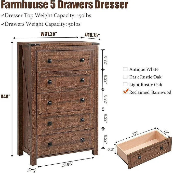 ZenVora 48 Inch Tall Farmhouse Wood Dresser, 5 Drawer Chest of Drawers for Bedroom