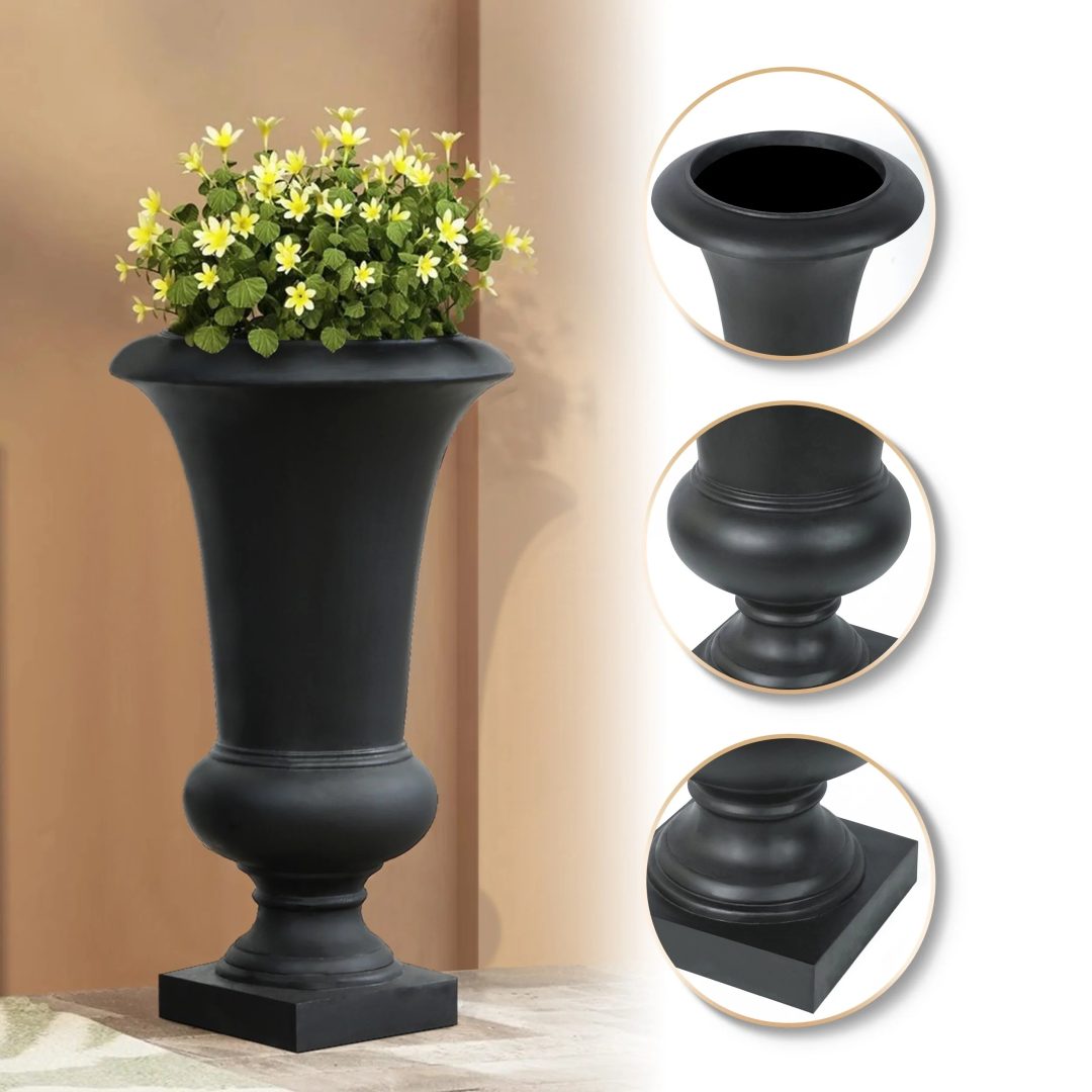 ZenVora 22.75" Tall Handmade Fiber Stone Urn Planter Pot, Decorative Outdoor Garden Flower Container for Patio and Home