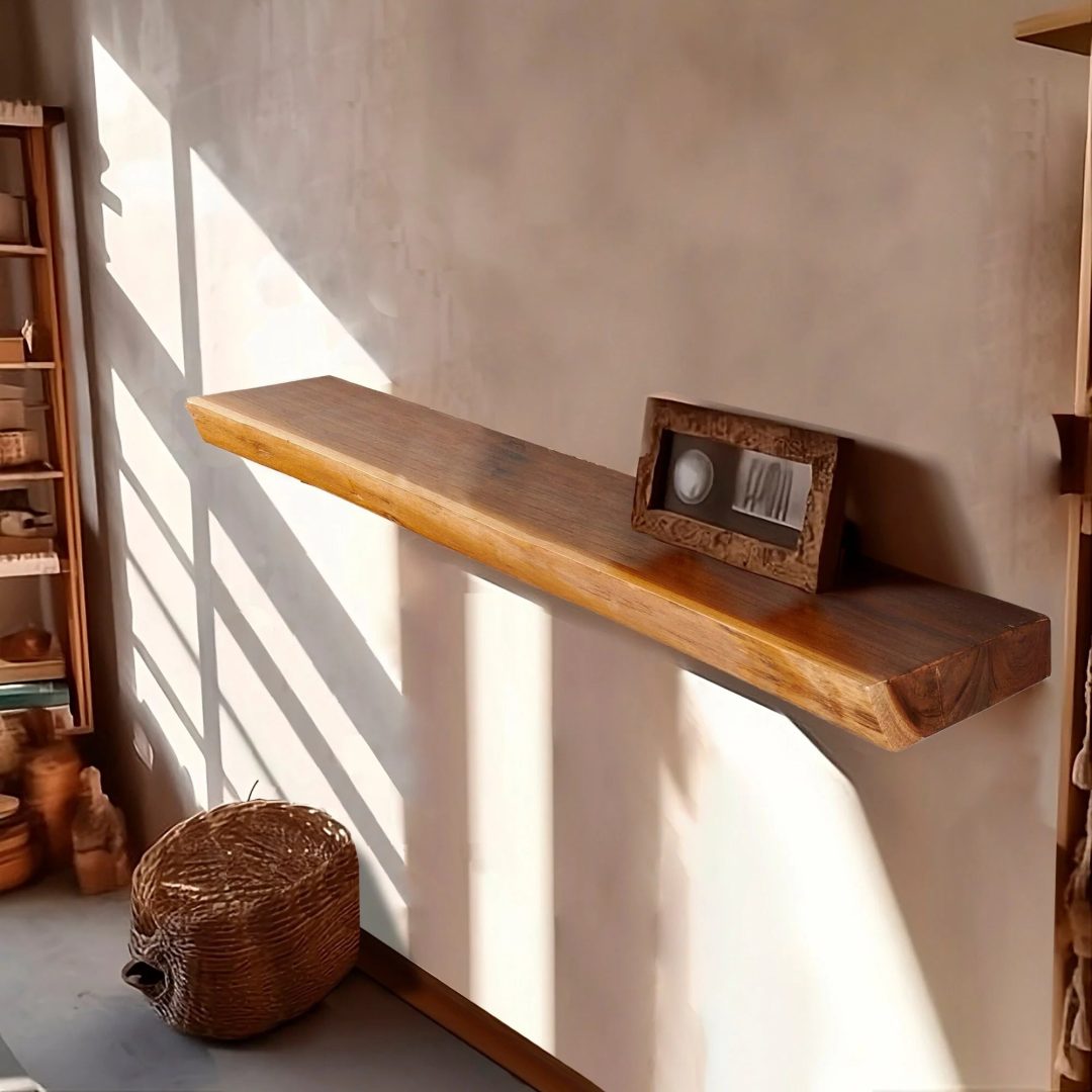 ZenVora 1 Piece Teak Wood Wall Shelf with Live Edge, Rustic Floating Shelf for Home Decor