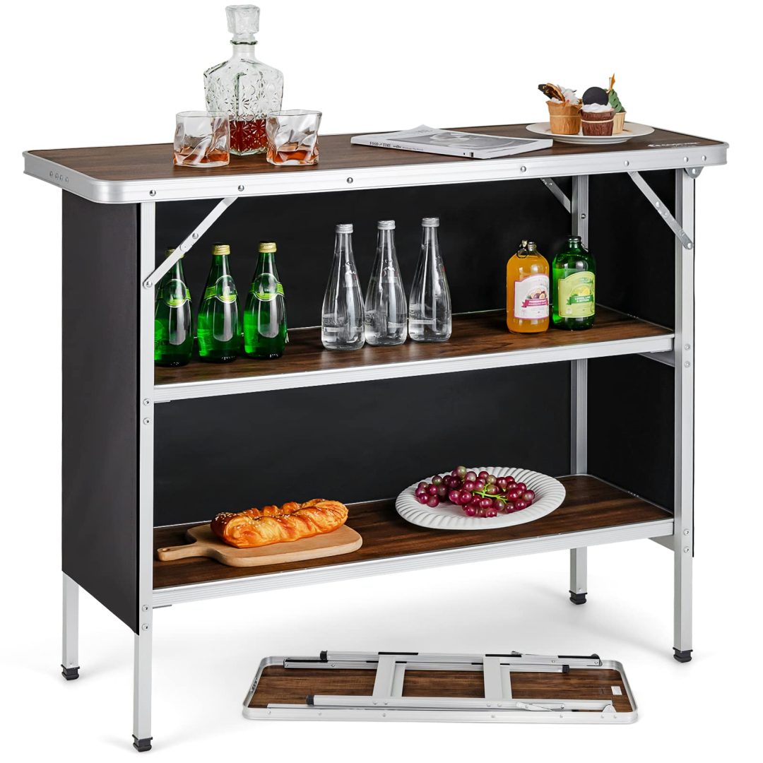 ZenVora Folding Camping Table, Aluminum Portable Pop-Up Bar Table with 2-Tier Storage Shelves