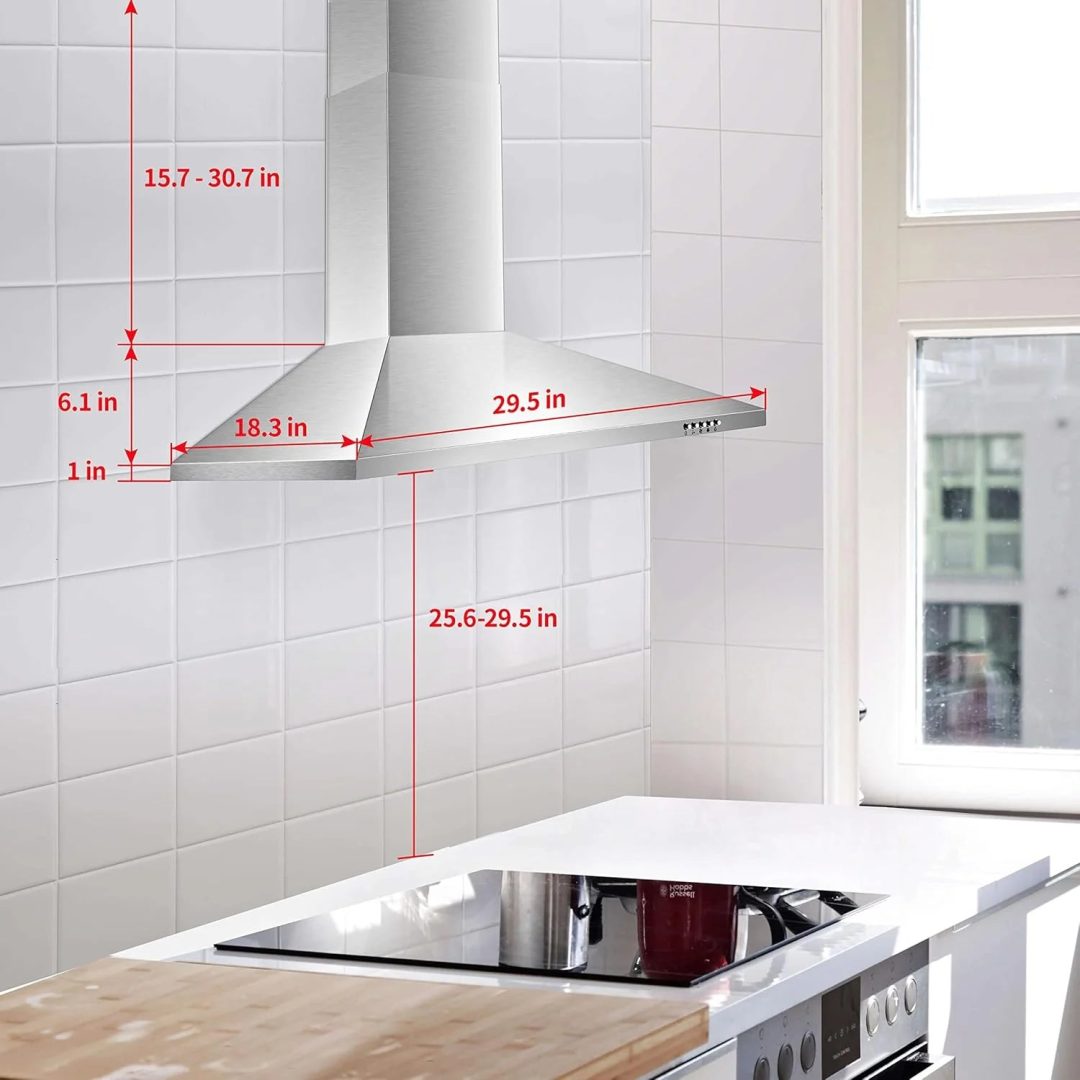 30 Inch Wall Mount Stainless Steel Range Hood, Modern Kitchen Exhaust Vent Hood with LED Light